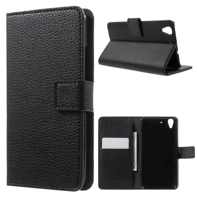 Litchi Grain Leather Case Wallet Stand Cover for Huawei Y6 Scale - Black-1