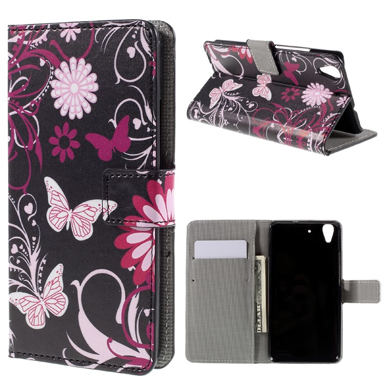 Patterned Card Holder Leather Stand Shell for Huawei Y6 Scale - Flower and Butterfly-1