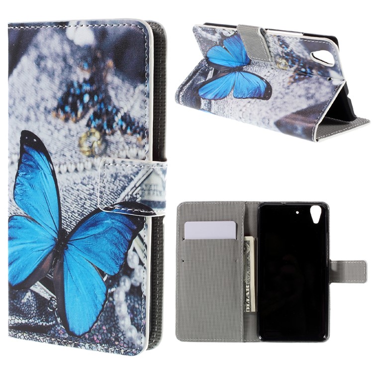 Patterned Card Holder Leather Stand Case for Huawei Y6 Scale - Blue Butterfly-1