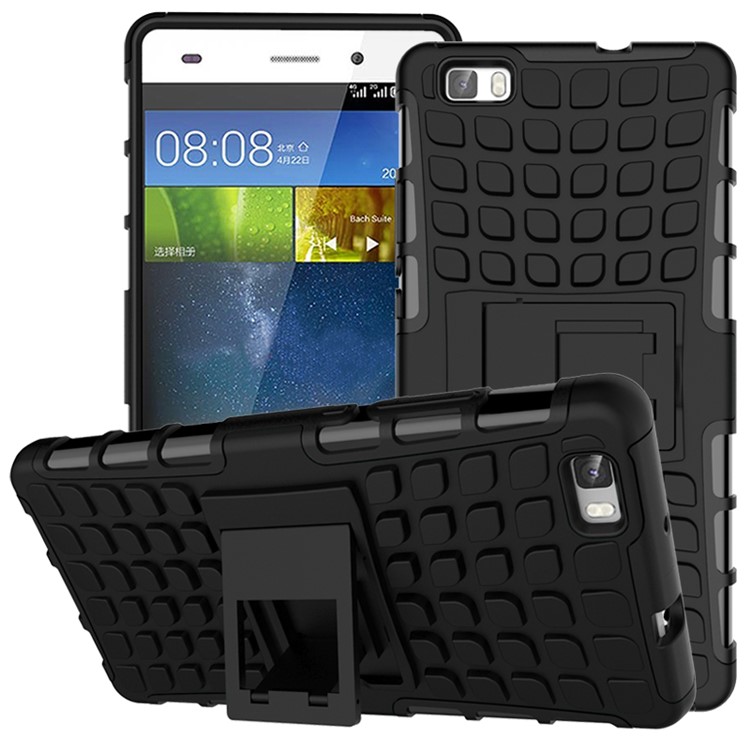 Оснащенный Антискользящим Гибридным Корпусом PC + TPU Для Huawei Ascend P8 Lite С Подставкой - Черный-1