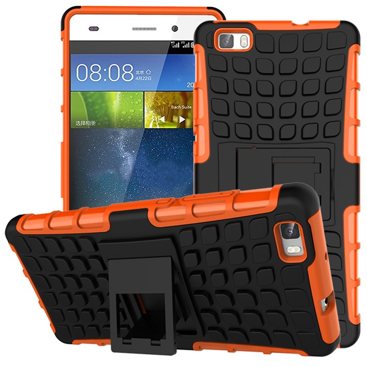 Snap-on Anti-slip PC + TPU Hybrid Cover Case for Huawei Ascend P8 Lite with Kickstand - Orange-1