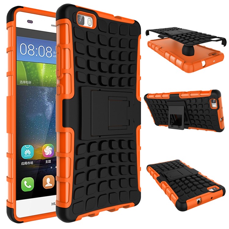Snap-on Anti-slip PC + TPU Hybrid Cover Case for Huawei Ascend P8 Lite with Kickstand - Orange-2