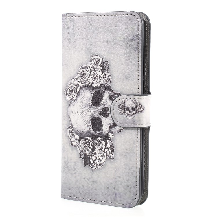Printing Pattern Wallet Leather Magnetic Phone Shell with Stand for Huawei Honor 9 - Skull and Roses-3