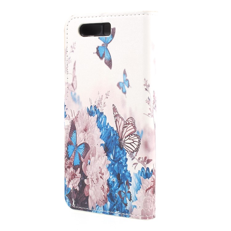 Printing Pattern Stand Leather Card Slots Cell Phone Cover for Huawei Honor 9 - Butterflies and Blue Flowers-2