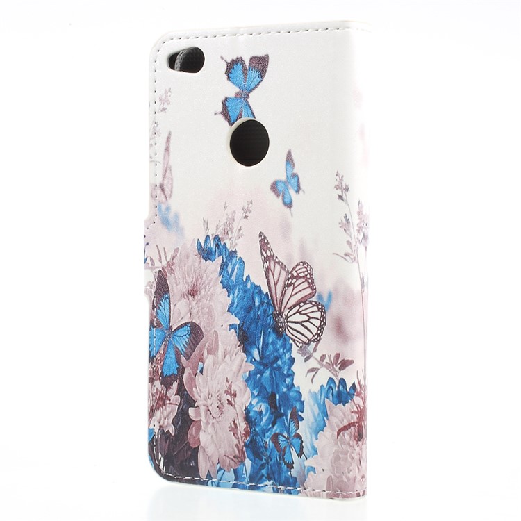Pattern Printing Wallet Leather Stand Flip Phone Case Accessory for Huawei P8 Lite (2017) / Honor 8 Lite - Butterflies and Blue Flowers-2