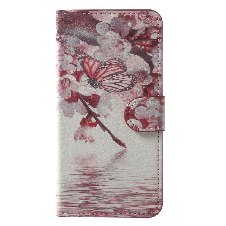 Patterned Leather Magnetic Wallet Mobile Phone Case for Huawei Y5 (2017) / Y6 (2017) - Butterfly and Pear Flower-1
