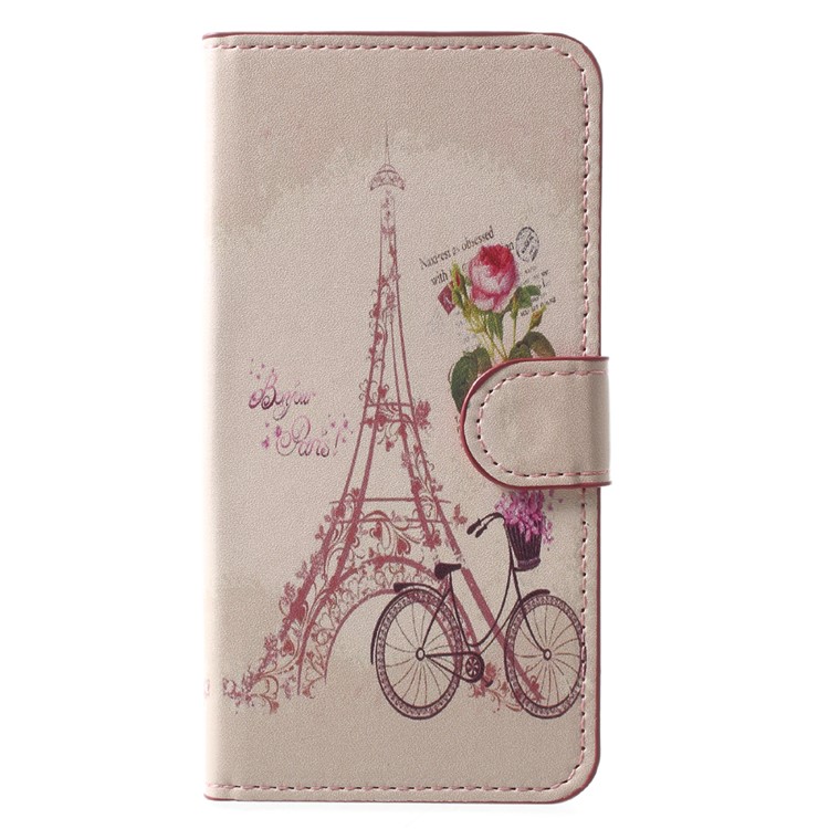 Patterned Leather Magnetic Wallet Cell Phone Cover for Huawei Y5 (2017) / Y6 (2017) - Tower and Bike-1