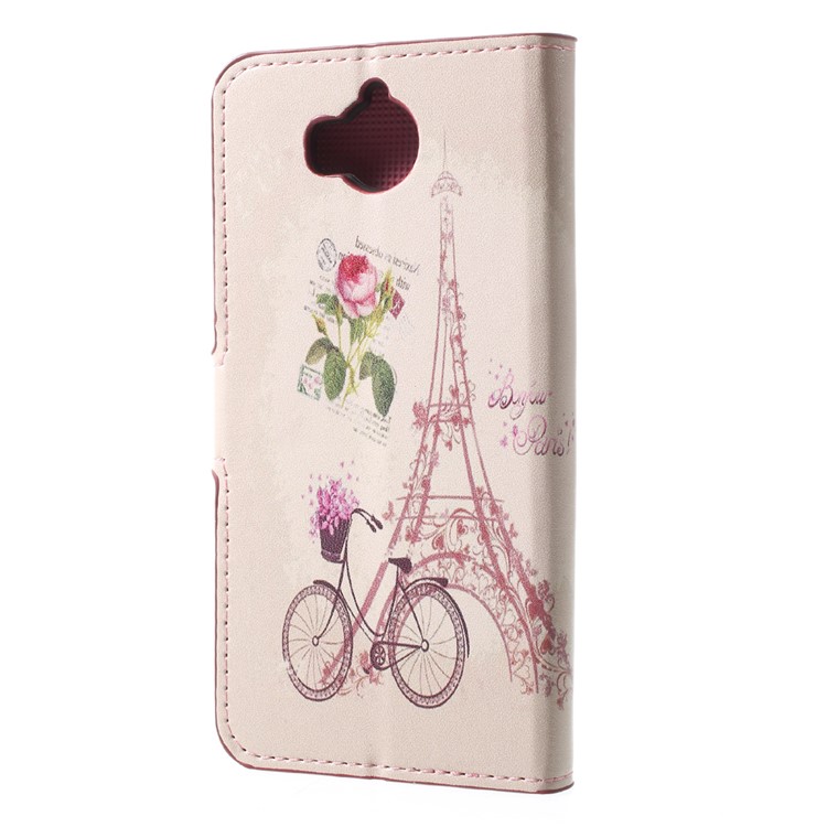 Patterned Leather Magnetic Wallet Cell Phone Cover for Huawei Y5 (2017) / Y6 (2017) - Tower and Bike-2