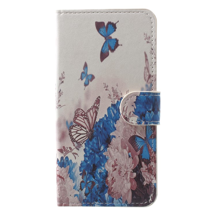 Patterned Leather Magnetic Wallet Stand Protective Phone Cover for Huawei Y5 (2017) / Y6 (2017) - Blue Butterflies and Flowers-1