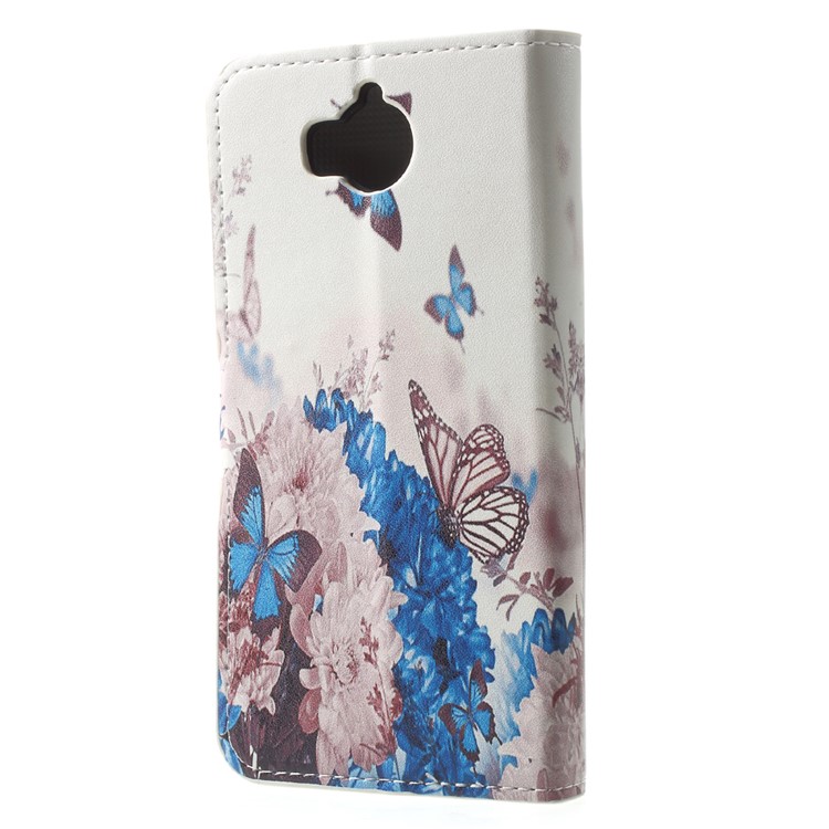 Patterned Leather Magnetic Wallet Stand Protective Phone Cover for Huawei Y5 (2017) / Y6 (2017) - Blue Butterflies and Flowers-2