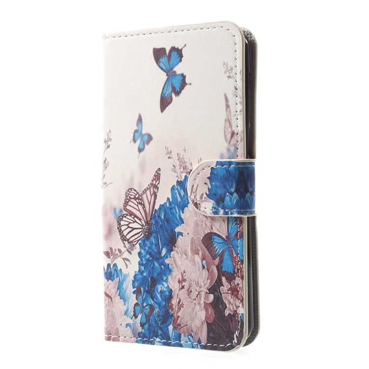 Patterned Leather Magnetic Wallet Stand Protective Phone Cover for Huawei Y5 (2017) / Y6 (2017) - Blue Butterflies and Flowers-3