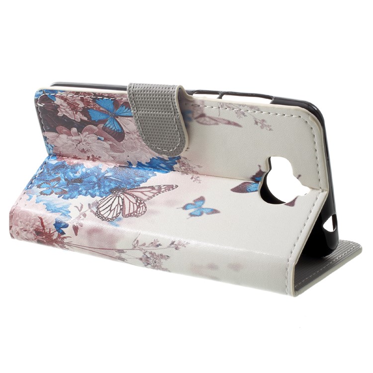Patterned Leather Magnetic Wallet Stand Protective Phone Cover for Huawei Y5 (2017) / Y6 (2017) - Blue Butterflies and Flowers-4