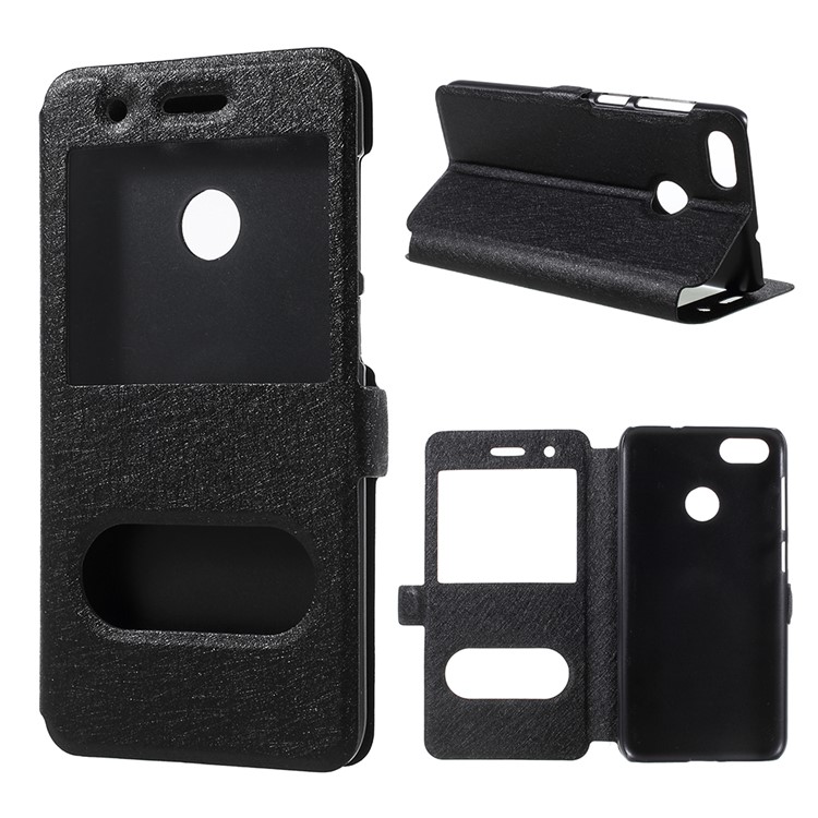 For Huawei P9 lite mini / Enjoy 7 / Y6 Pro (2017) Silk Texture Dual Window Stand Leather Phone Cover - Black-1