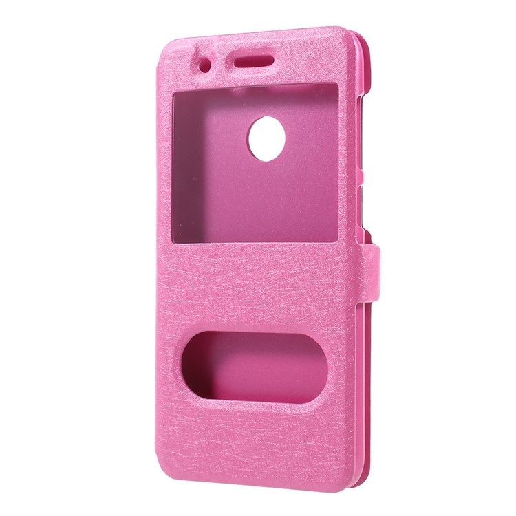 For Huawei P9 lite mini / Enjoy 7 / Y6 Pro (2017) Silk Texture Dual Window Stand Leather Phone Casing Cover - Rose-2