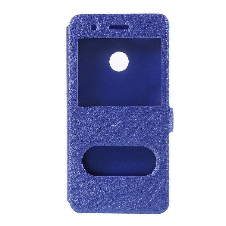 For Huawei P9 lite mini / Enjoy 7 / Y6 Pro (2017) Silk Texture Dual Window Stand Leather Phone Protection Case - Blue-1