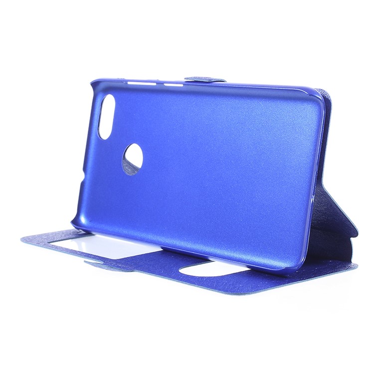 For Huawei P9 lite mini / Enjoy 7 / Y6 Pro (2017) Silk Texture Dual Window Stand Leather Phone Protection Case - Blue-4