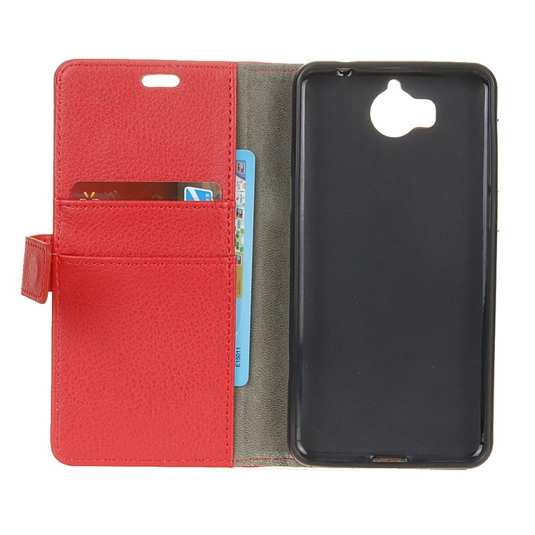 Litchi Texture Wallet Leather Stand Phone Case for Huawei Y5 (2017) / Y6 (2017) - Red-4