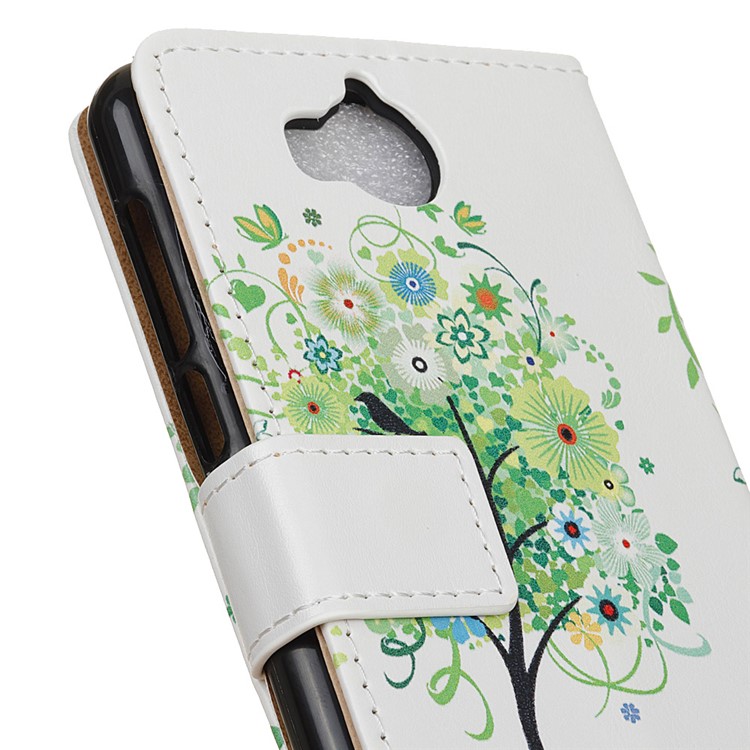 Patterned Printing Protection Wallet Flip Mobile Case Shell for Huawei Y5 (2017) / Y6 (2017) - Green Flower Tree-3