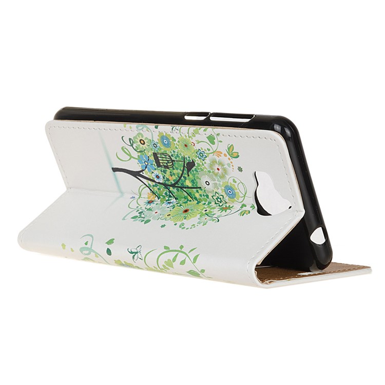 Patterned Printing Protection Wallet Flip Mobile Case Shell for Huawei Y5 (2017) / Y6 (2017) - Green Flower Tree-4
