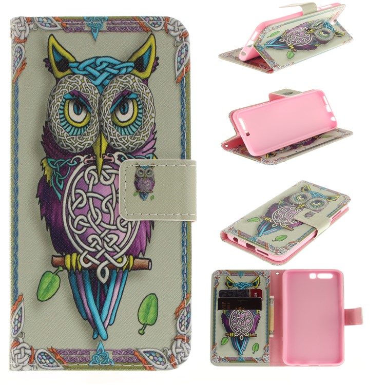 Printing Pattern Flip Leather Phone Stand Mobile Shell for Huawei Honor 9 - Colorized Owl-1