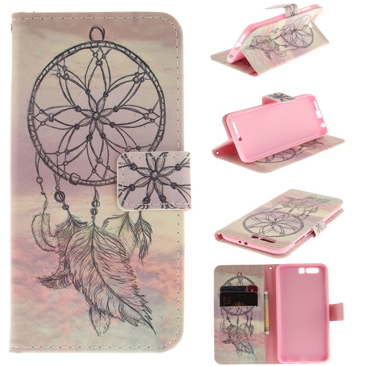 For Huawei Honor 9 Printing Pattern Folio Leather Wallet Stand Phone Case Accessory - Feather Dream Catcher-1
