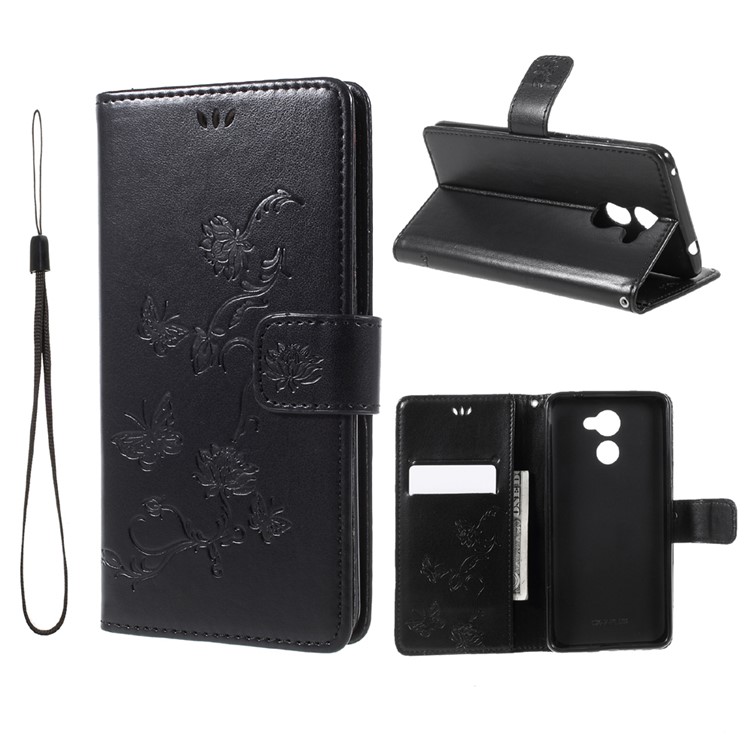 Imprint Butterfly Flower Leather Wallet Case for Huawei Y7 (2017) (Prime Version) - Black-1