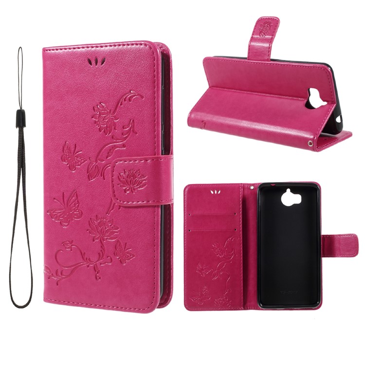 Imprint Butterfly Flower Leather Wallet Case for Huawei Y5 (2017) / Y6 (2017) - Rose-1