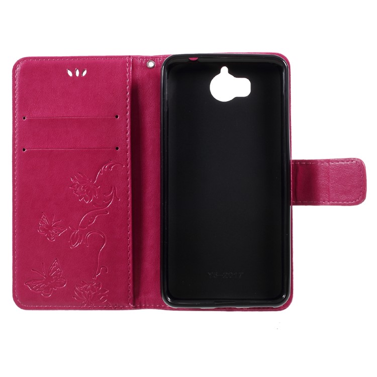 Imprint Butterfly Flower Leather Wallet Case for Huawei Y5 (2017) / Y6 (2017) - Rose-6