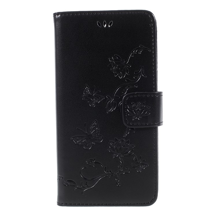 Imprint Butterfly Flower PU Leather Wallet Phone Cover Shell for Huawei Y5 (2017) / Y6 (2017) - Black-1
