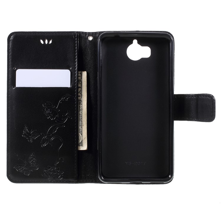Imprint Butterfly Flower PU Leather Wallet Phone Cover Shell for Huawei Y5 (2017) / Y6 (2017) - Black-6