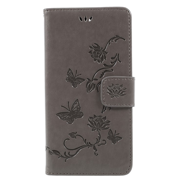 Imprint Butterfly Flower Leather Wallet Stand Flip Casing Accessory for Huawei Y5 (2017) / Y6 (2017) - Grey-1