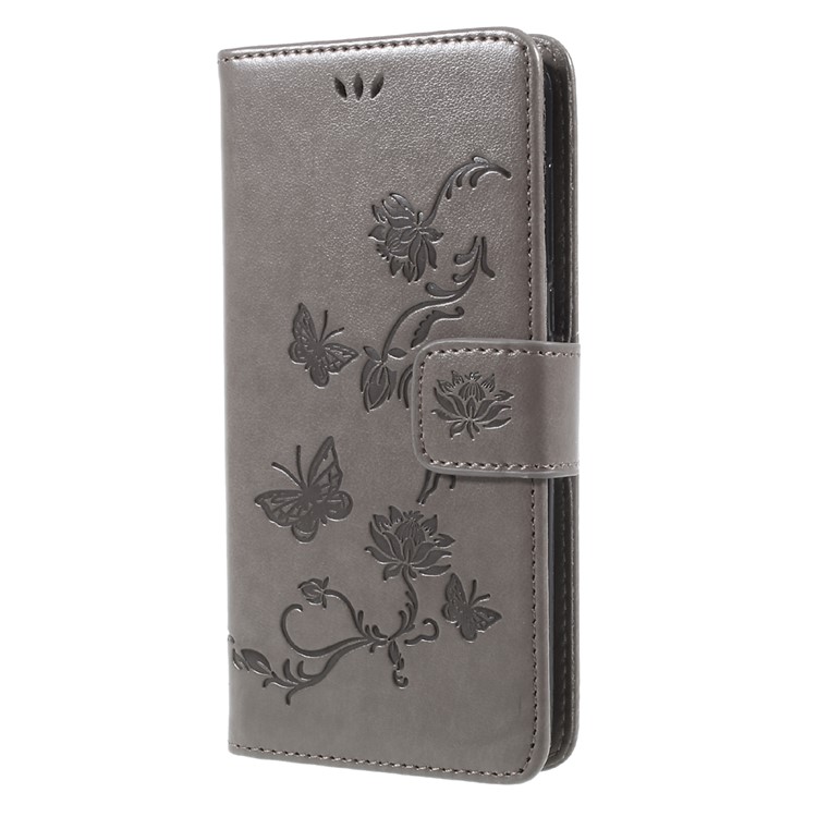 Imprint Butterfly Flower Leather Wallet Stand Flip Casing Accessory for Huawei Y5 (2017) / Y6 (2017) - Grey-3