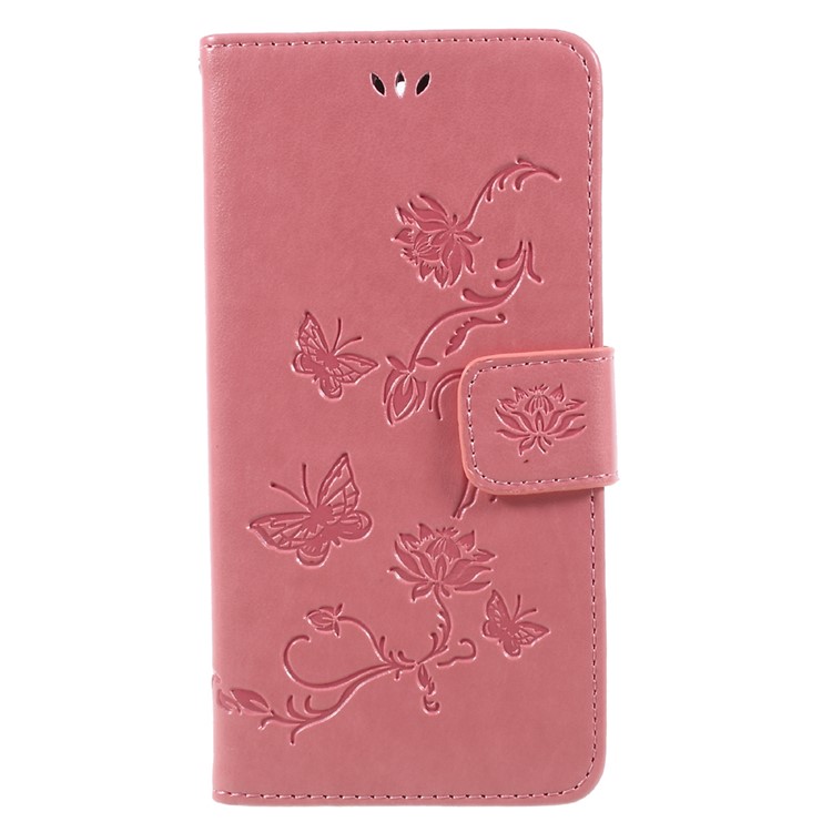 Imprint Butterfly Flower Folio Leather Wallet Mobile Protective Case with Stand for Huawei Y5 (2017) / Y6 (2017) - Pink-1