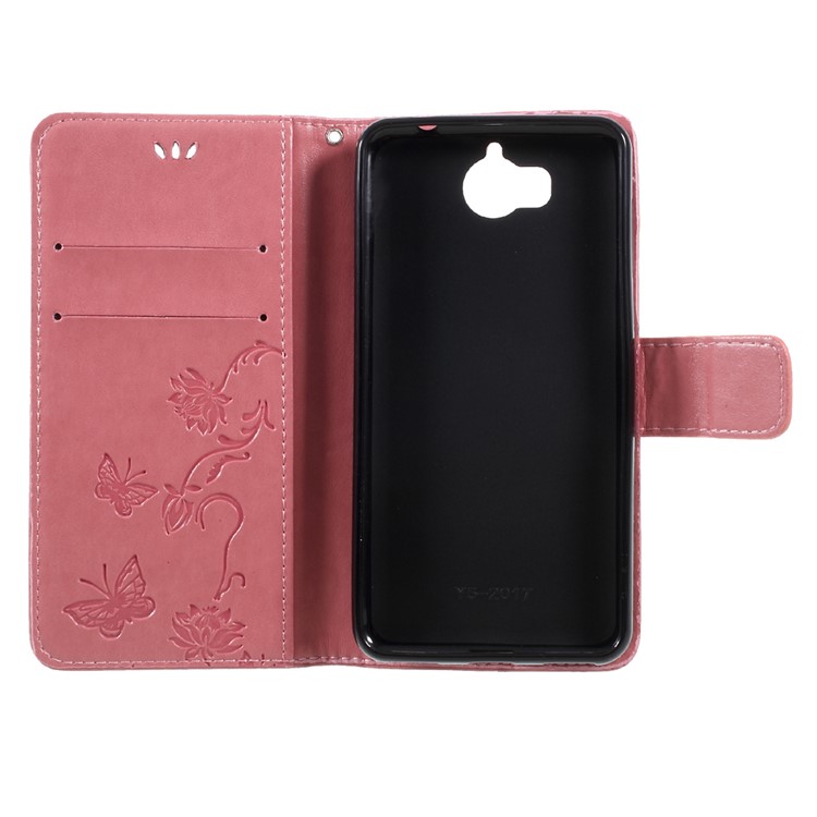 Imprint Butterfly Flower Folio Leather Wallet Mobile Protective Case with Stand for Huawei Y5 (2017) / Y6 (2017) - Pink-6