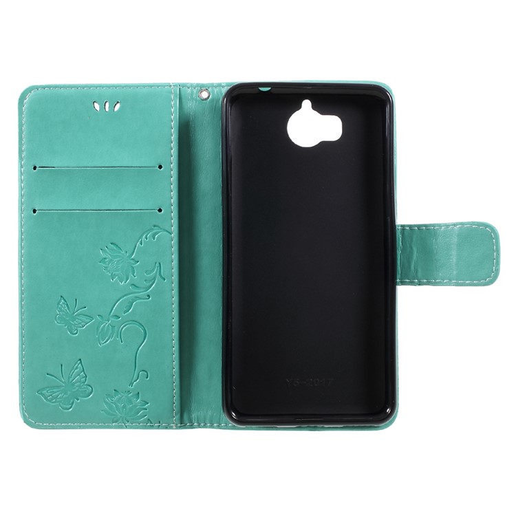 For Huawei Y5 (2017) / Y6 (2017) Imprint Butterfly Flower PU Leather Wallet Phone Cover Shell - Green-6
