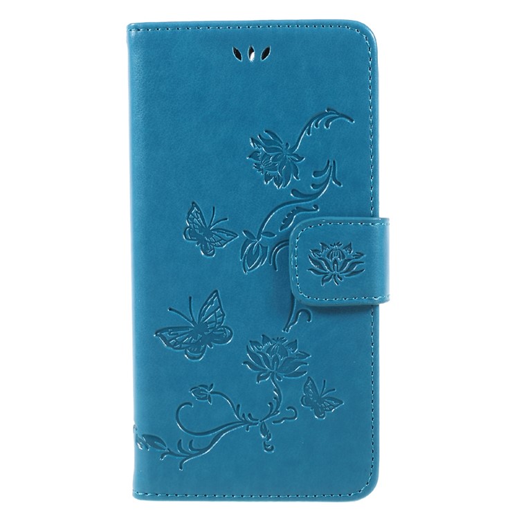 Imprint Butterfly Flower Leather Magnetic Wallet Protection Phone Case for Huawei Y5 (2017) / Y6 (2017) - Blue-1