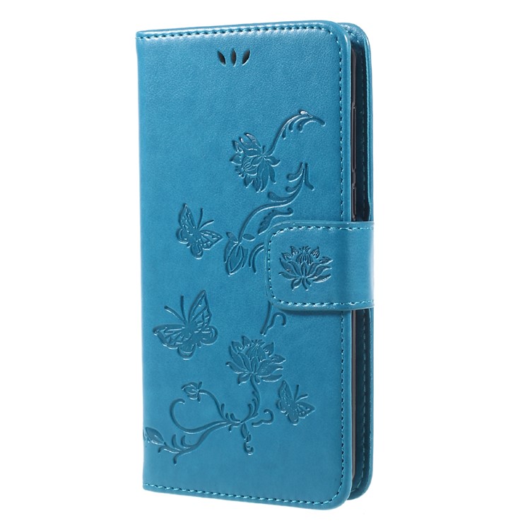 Imprint Butterfly Flower Leather Magnetic Wallet Protection Phone Case for Huawei Y5 (2017) / Y6 (2017) - Blue-3