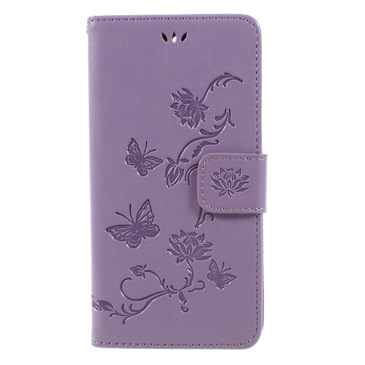 For Huawei Y5 (2017) / Y6 (2017) Imprint Butterfly Flower PU Leather Wallet Cellphone Cover with Card Holders - Purple-1