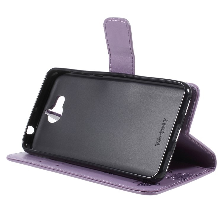 For Huawei Y5 (2017) / Y6 (2017) Imprint Butterfly Flower PU Leather Wallet Cellphone Cover with Card Holders - Purple-4