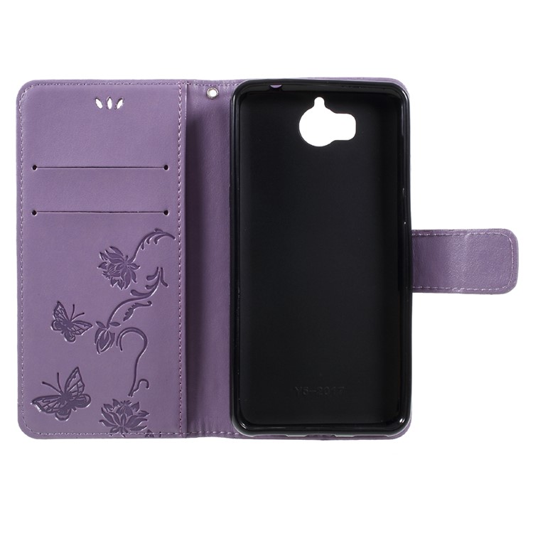 For Huawei Y5 (2017) / Y6 (2017) Imprint Butterfly Flower PU Leather Wallet Cellphone Cover with Card Holders - Purple-6