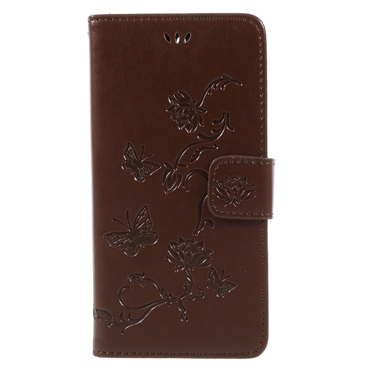 For Huawei Y5 (2017) / Y6 (2017) Imprint Butterfly Flower Folio Leather Wallet Mobile Phone Case - Brown-1