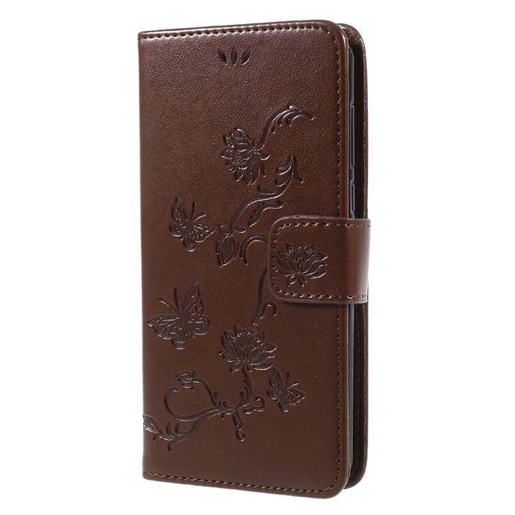For Huawei Y5 (2017) / Y6 (2017) Imprint Butterfly Flower Folio Leather Wallet Mobile Phone Case - Brown-3