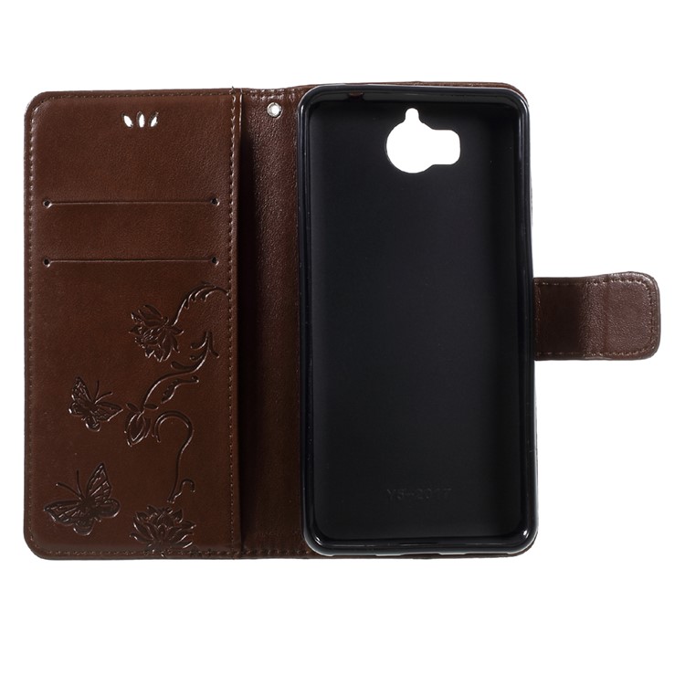 For Huawei Y5 (2017) / Y6 (2017) Imprint Butterfly Flower Folio Leather Wallet Mobile Phone Case - Brown-6