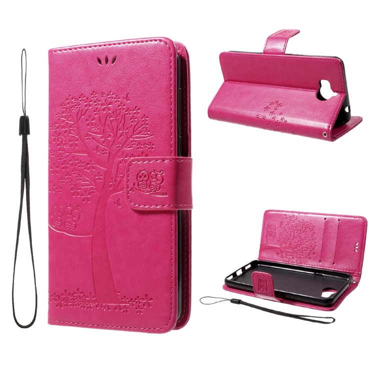 Imprint Tree Owl Magnetic Wallet Leather Stand Protective Cover for Huawei Y5 (2017) / Y6 (2017) - Rose-1