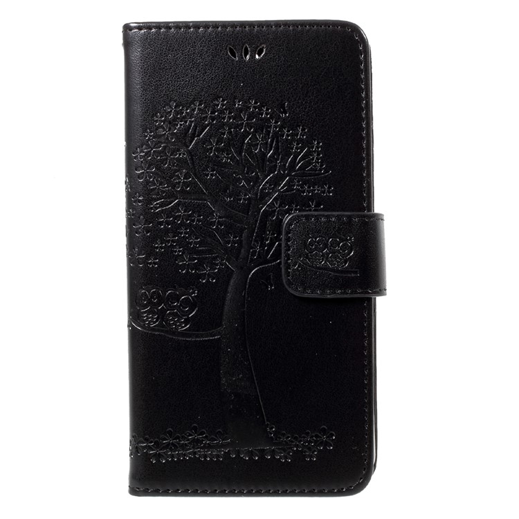 Imprint Tree Owl Wallet Leather Stand Folio Case with Strap for Huawei Y5 (2017) / Y6 (2017) - Black-1
