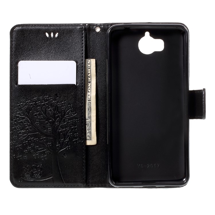 Imprint Tree Owl Wallet Leather Stand Folio Case with Strap for Huawei Y5 (2017) / Y6 (2017) - Black-5