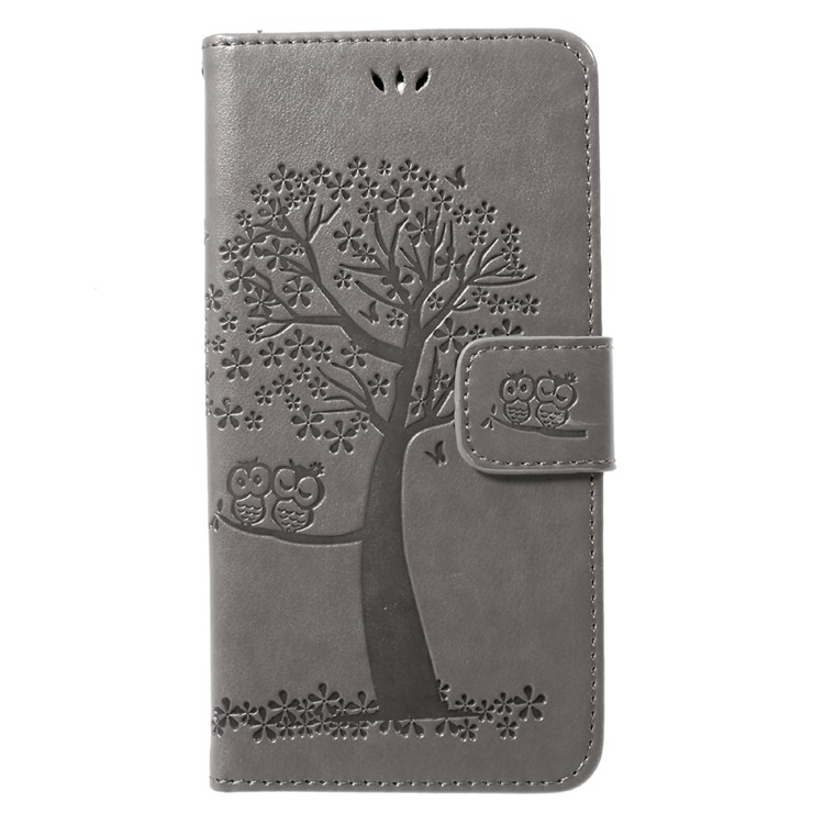 For Huawei Y5 (2017) / Y6 (2017) Imprint Tree Owl Wallet Stand Leather Mobile Shell with Lanyard - Grey-1