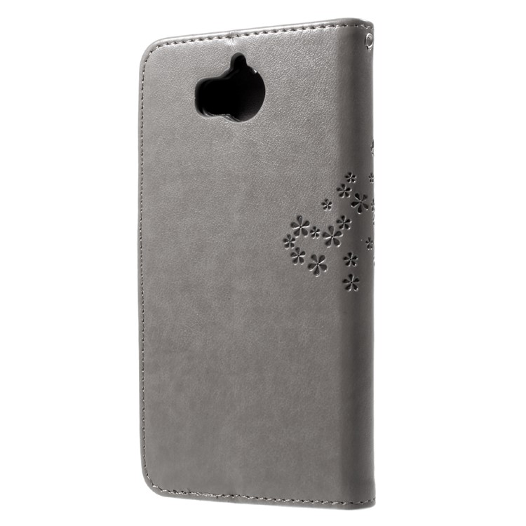 For Huawei Y5 (2017) / Y6 (2017) Imprint Tree Owl Wallet Stand Leather Mobile Shell with Lanyard - Grey-2