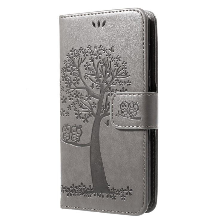 For Huawei Y5 (2017) / Y6 (2017) Imprint Tree Owl Wallet Stand Leather Mobile Shell with Lanyard - Grey-3
