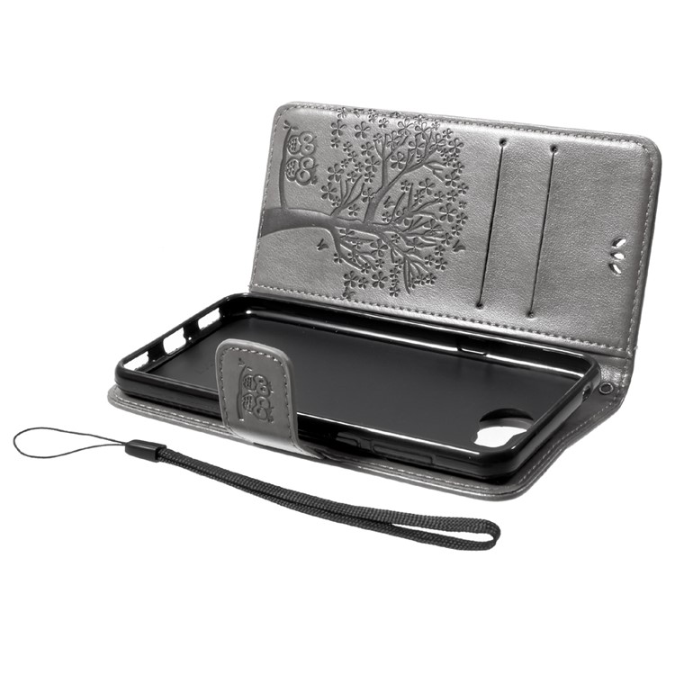 For Huawei Y5 (2017) / Y6 (2017) Imprint Tree Owl Wallet Stand Leather Mobile Shell with Lanyard - Grey-5